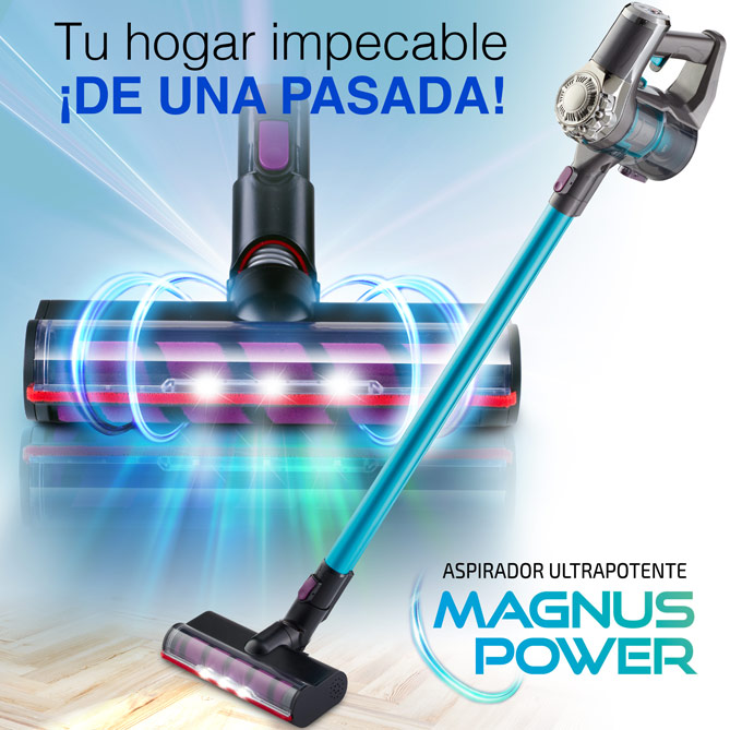 Aspirador Ultrapotente MAGNUS POWER: CABEZAL FLEXIBLE CON LUCES LED + CEPILLO CON MOTOR INDEPENDIENTE + TECNOLOGÍA CICLÓNICA