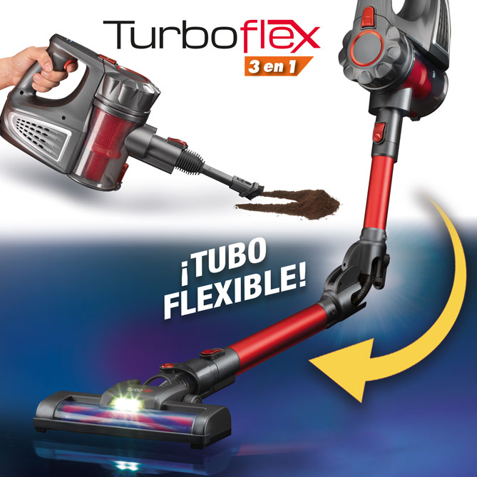 Aspiradora sin cable TURBO FLEX 3 en 1: su Tubo se vuelve flexible